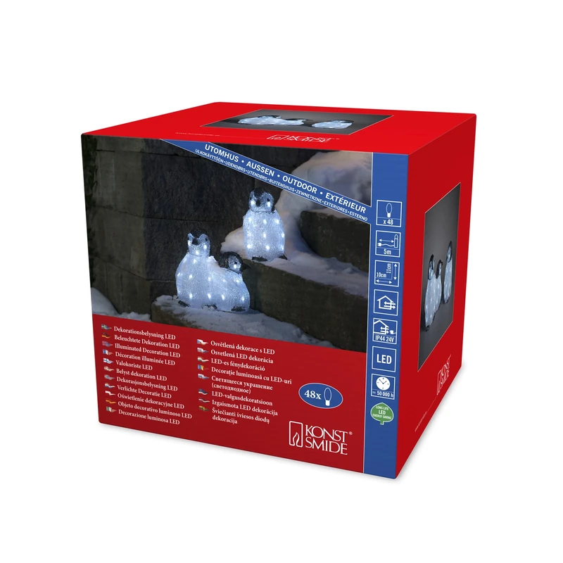 Konstsmide Outdoor Christmas Decorations / Outside Lights LED Acrylic Decoration "Three Baby Penguins" / Outdoor Lighting (IP44) / 48 Ice White LEDs / Transparent Cable