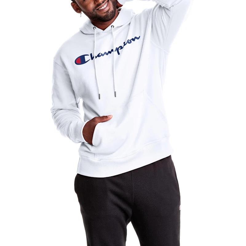 Champion Men's Graphic Powerblend Fleece Crew Sweatshirt, White, Large