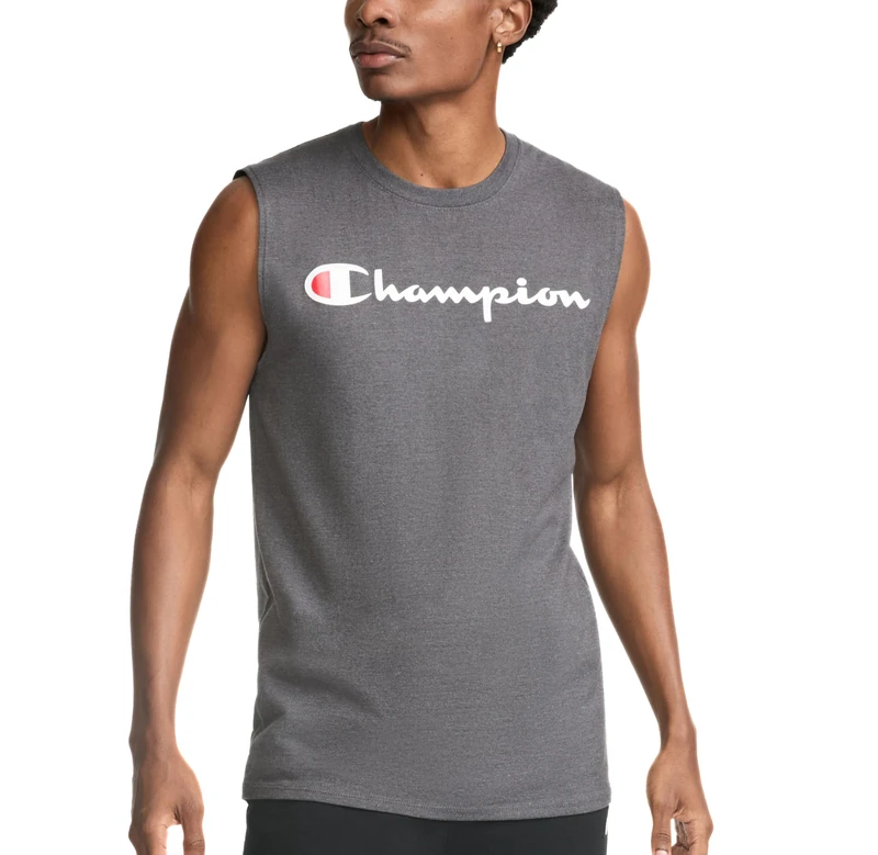 Champion Men's Graphic Jersey Muscle Shirt, Granite Heather, Large