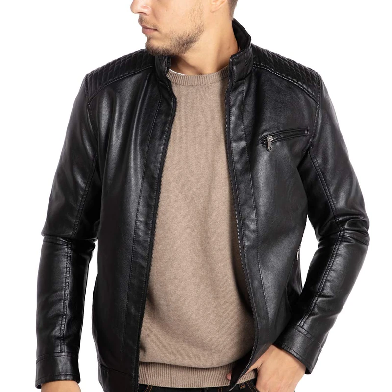WULFUL Black1301 Men's Stand Collar Lightweight Faux Leather Motorcycle Jacket, Small, black/black - Image 1