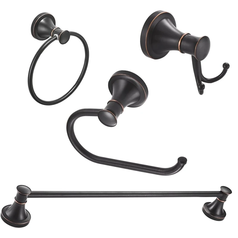 BESy Oil Rubbed Bronze 4 Piece Bathroom Accessories Set (24" Towel Bar Towel Ring Toilet Paper Holder Double Towel Hooks) Wall Mounted Bath Hardware Accessory Set Stainless Steel + Zinc Alloy