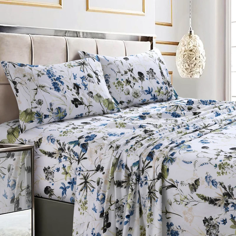 Tribeca Living Twin Bed Sheet Set, 300 Thread Count Soft Cotton Sateen, Floral Print with Extra Deep Pockets, 3-Piece Bedding Set, Amalfi Blue/Multicolor