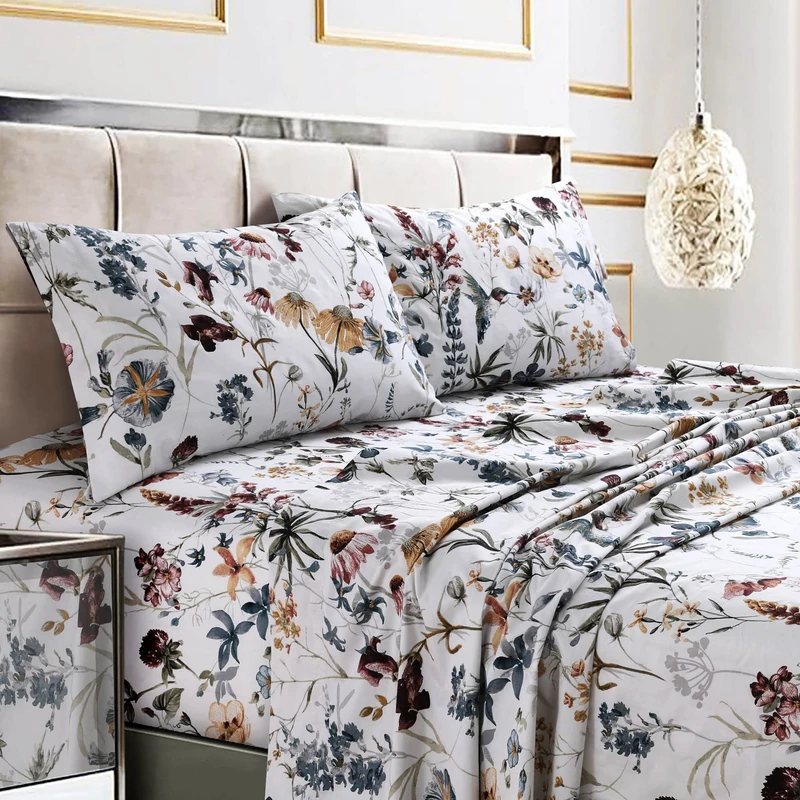 Tribeca Living Full Size Bed Sheet Set, 300 Thread Count Soft Cotton Sateen, Floral Print with Extra Deep Pockets, 4-Piece Bedding Set, Amalfi Deep Red/Multicolor