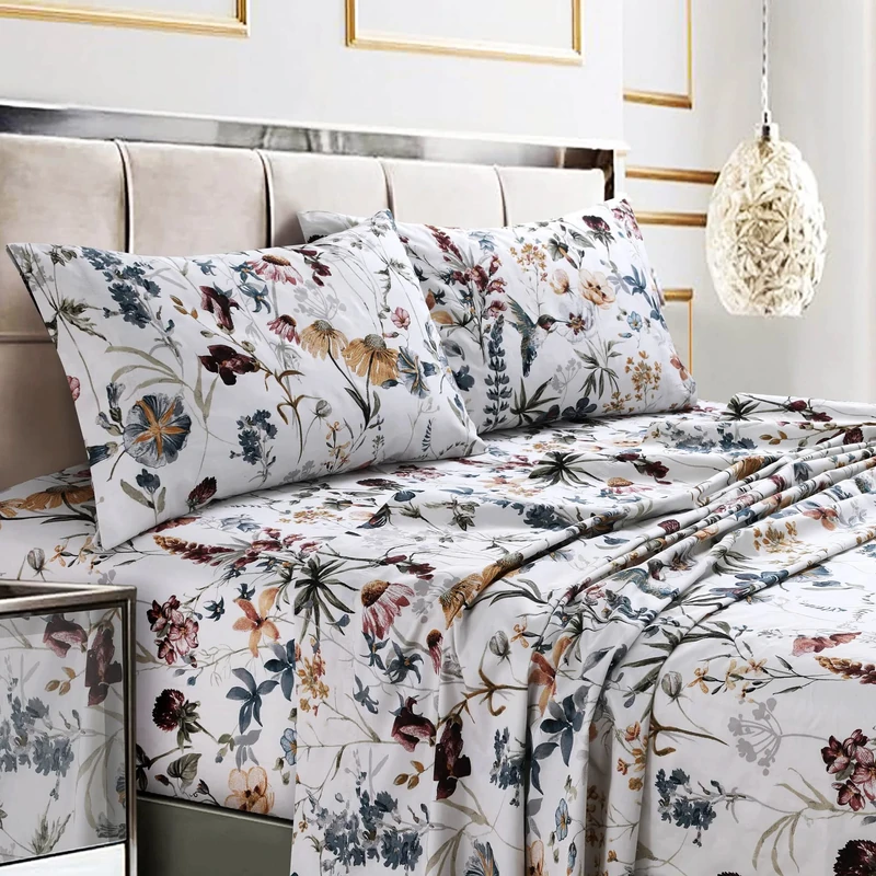 Tribeca Living Twin Bed Sheet Set, 300 Thread Count Soft Cotton Sateen, Floral Print with Extra Deep Pockets, 3-Piece Bedding Set, Amalfi Deep Red/Multicolor