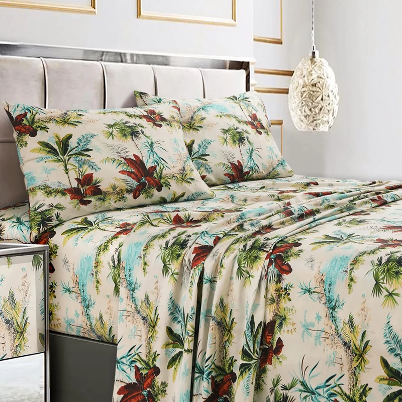 Tribeca Living King Bed Sheet Set, 300 Thread Count Soft Cotton Sateen, Floral Print with Extra Deep Pockets, 4-Piece Bedding Set, Paradise Island Multi