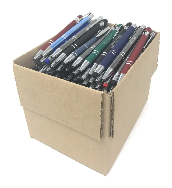 5 lb. Box of Assorted Misprint Metal Retractable Ball Point Pens: Stylus Tip, Comfort Grips - Black & Blue Ink, Approx. 120 Pens per Box
