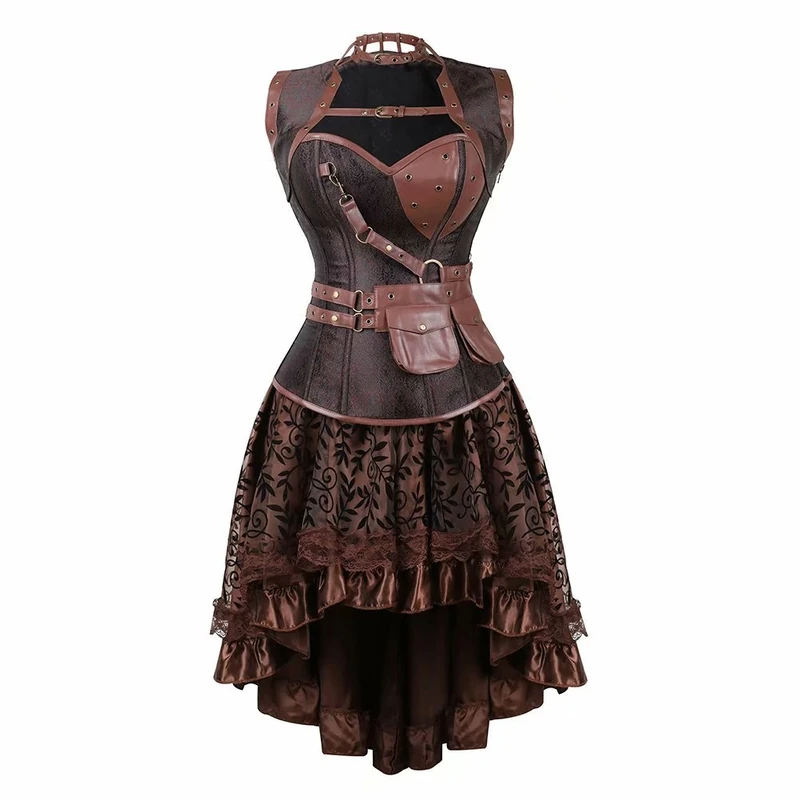 jutrisujo Steampunk Corset Dress Leather Basques and Bustier Skirt Gothic Asymmetry lace Pirate Costume Halloween Brown XL