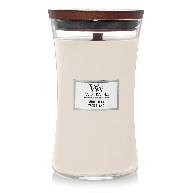 Woodwick Large Hourglass Scented Candle | White Teak | with Crackling Wick | Burn Time: up to 130 Hours