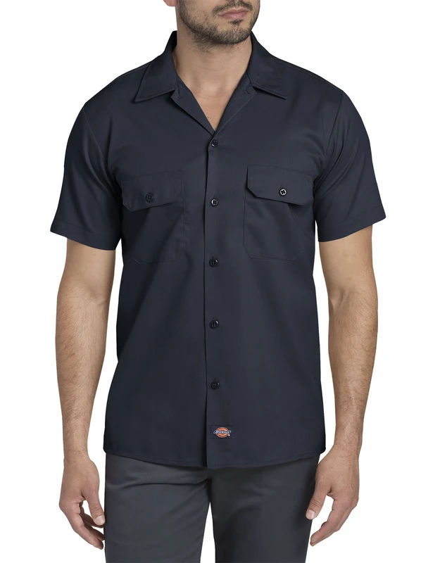 Dickies Mens Flex Slim Fit Short Sleeve Twill Work Shirt, XXL, Dark Navy