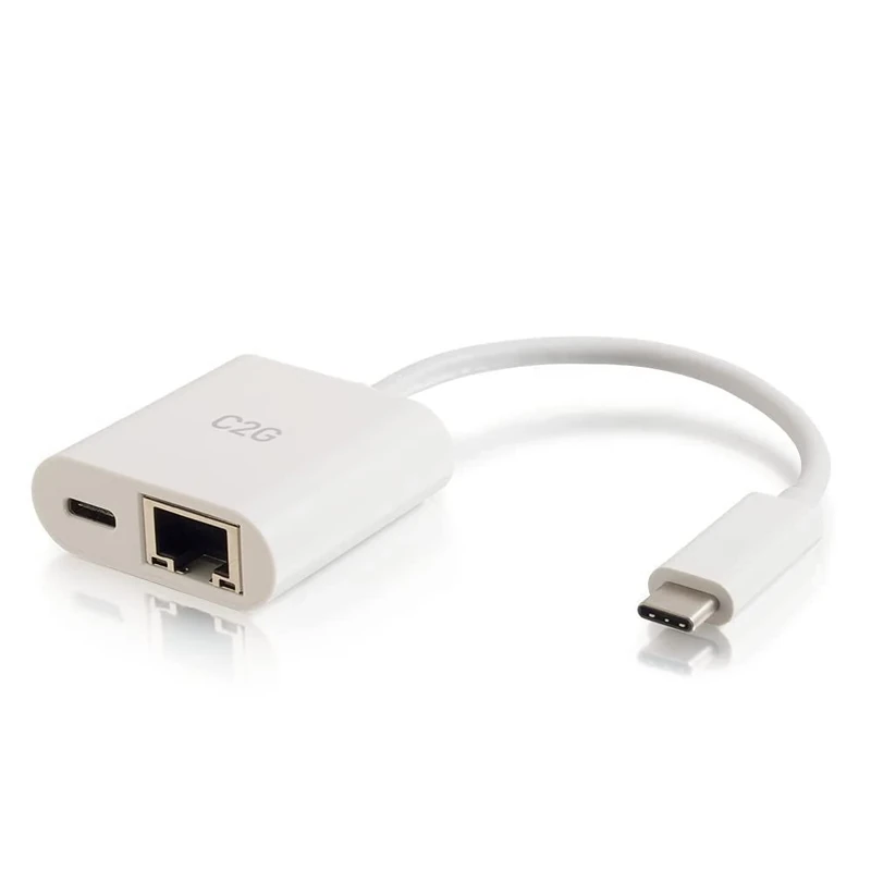 C2G USB C to Ethernet Adapter With Power Delivery - White - USB-C Network Gigabit Ethernet Adapter Suitable for MacBook Pro, iPad Pro, Latitude, Pixel, Chromebook, Nexus and more