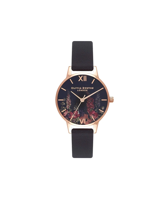 Olivia Burton Analogue Quartz Watch for Women Dark Bouquet Collection with Black Leather Strap - OB16WG43