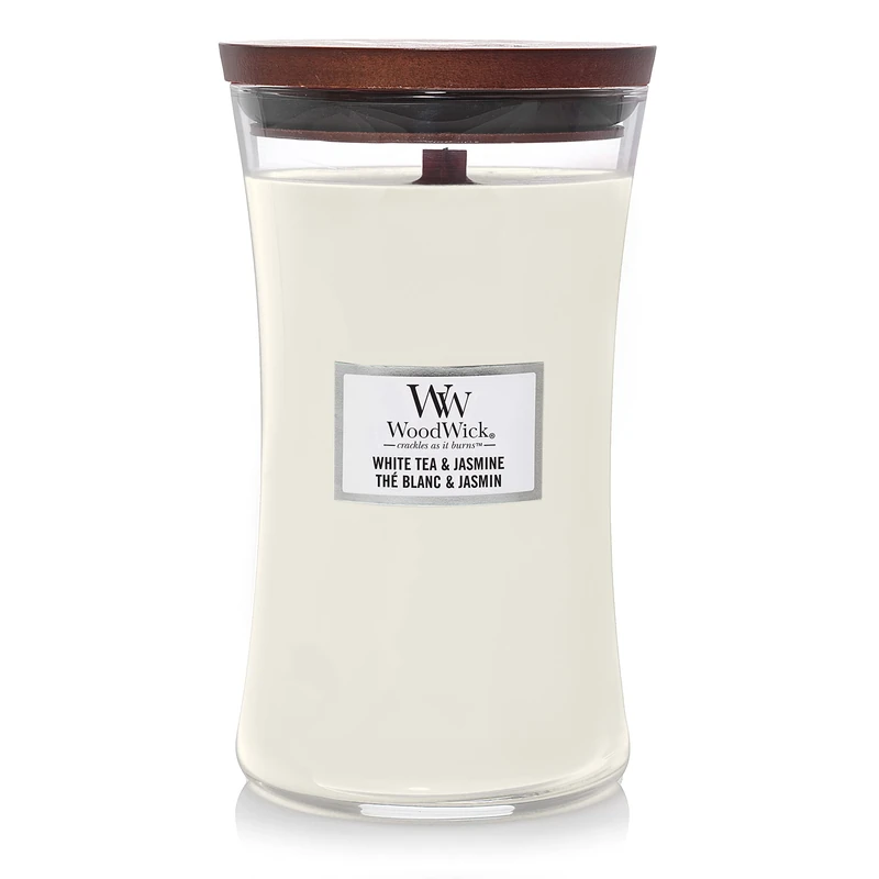 WoodWick Large Hourglass Scented Candle | White Tea & Jasmine | with Crackling Wick | Burn Time: up to 130 Hours