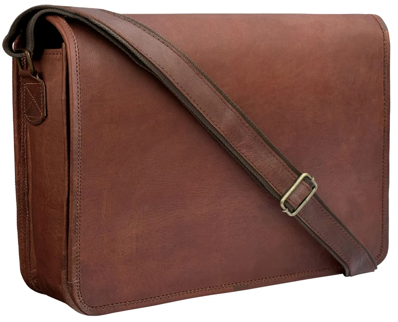 RUSTIC TOWN 14" Leather Messenger Bag for Men & Women – Full Grain Vintage Crossbody Satchel – Fits 13.3"/14" Laptop – Ideal Briefcase for Work, Travel & College – Adjustable Shoulder Strap, 14" Brown