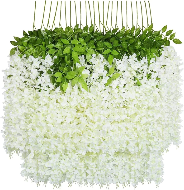 U'Artlines 24 Pack 3.6 Feet/Piece Artificial Fake Wisteria Vine Ratta Hanging Garland Silk Flowers Home Party Wedding Decor (24, White)