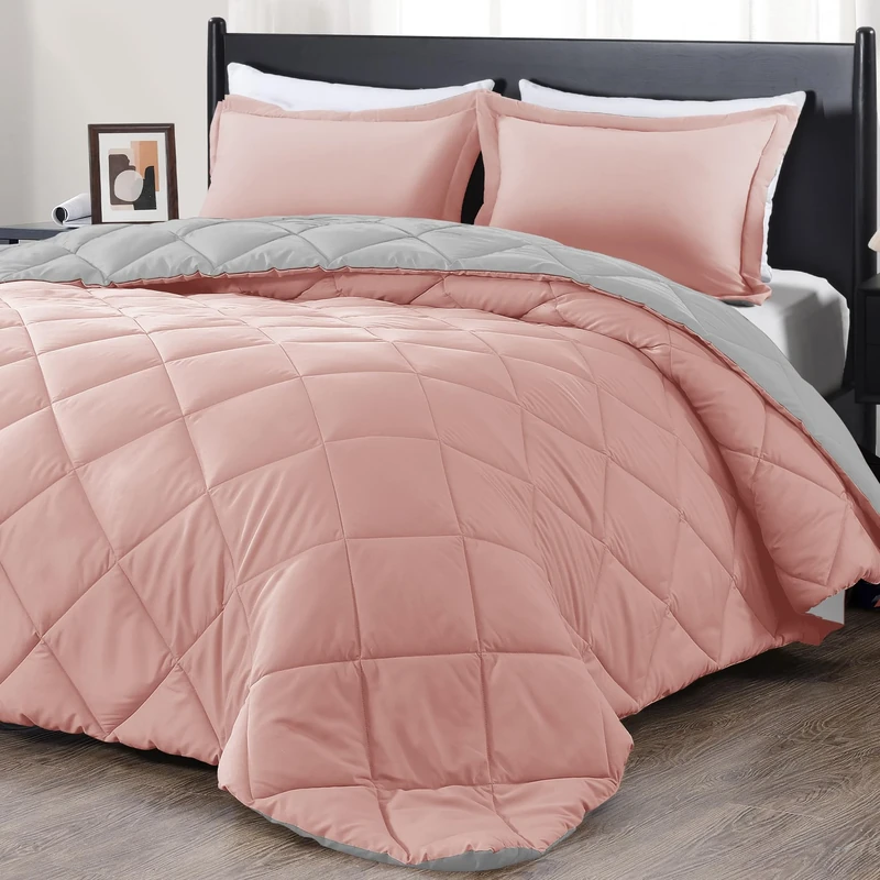 downluxe Queen Comforter Set - Pink and Grey, Soft Bedding Comforter Sets for All Seasons - 3 Pieces - 1 Comforter (88"x92") and 2 Pillow Shams(20"x26")