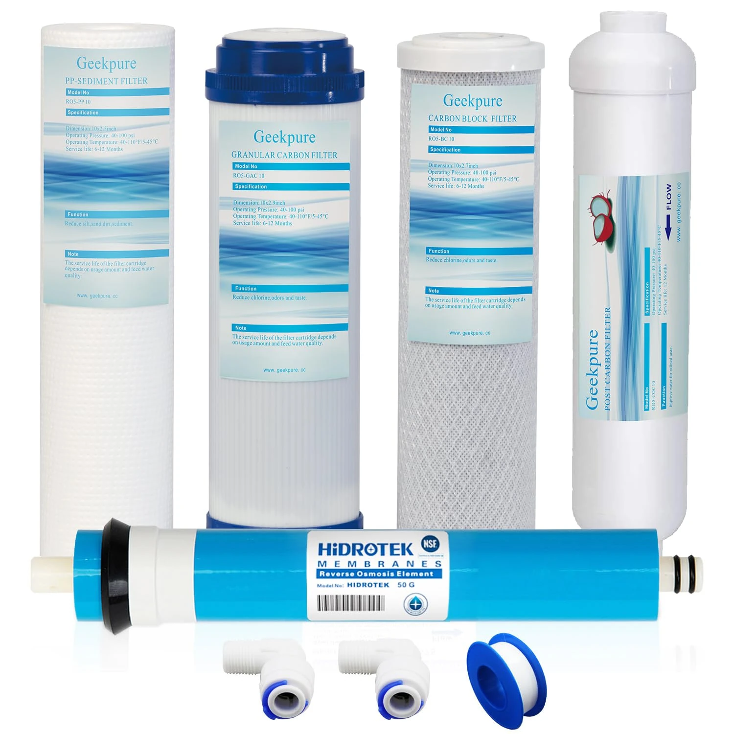 Geekpure 5 Stage Reverse Osmosis Replacement Filter Set with 50 GPD Membrane -Standard 10 Inch