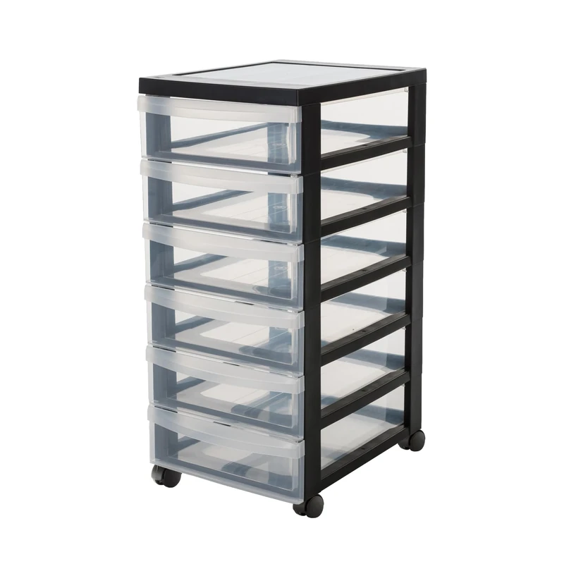 Iris Ohyama, Plastic Drawers Storage Unit, Plastic Storage Drawers, A4 Format & 4 Wheels, H61.5cm/6 Drawers, BPA Free, Black, W40 x D29 x H61.5cm, DC-360