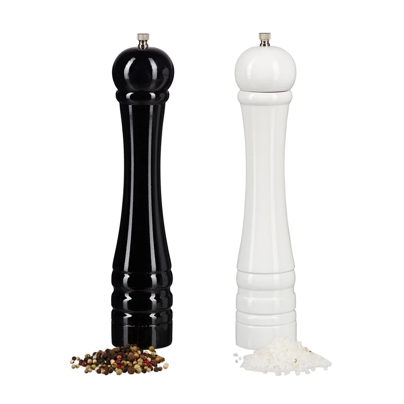 Relaxdays Wooden Spice Mills, Pepper Mill Set of 2, Ceramic Grinding Mechanism, Manual, Large, 30 cm Tall, Classic, Black-White - Image 1