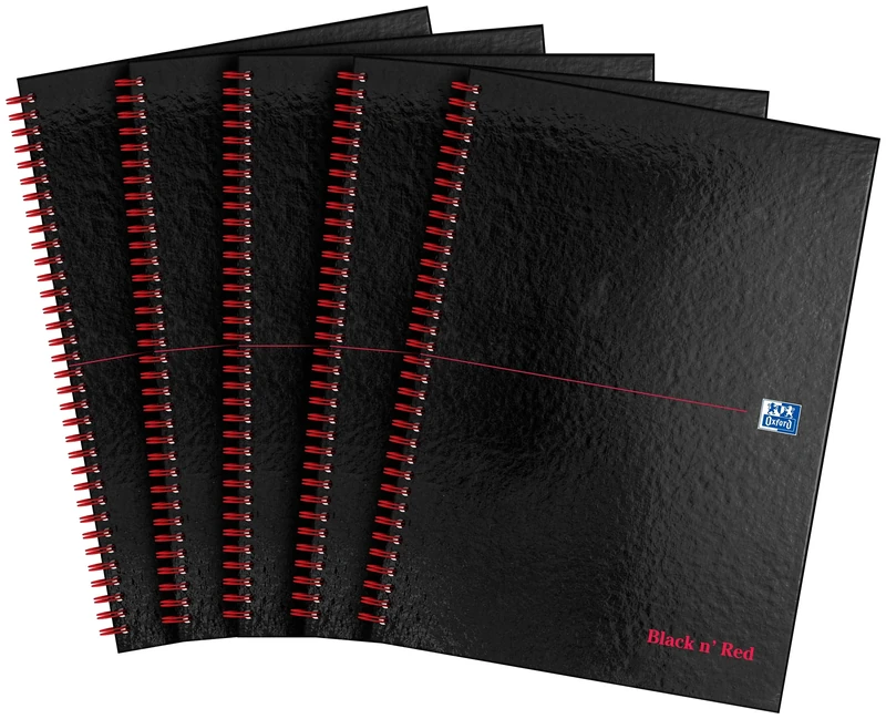 Oxford Black n' Red A4 Perforated Glossy Hardback Wirebound Ruled Notebook, Pack of 5