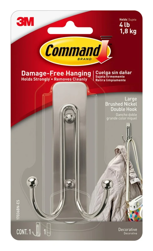 Command Brushed Nickel Double Decorative Hook for Indoor Use - 1 Metal Large Hook and 1 Adhesive Strip - Hang Jackets, Purses, Handbags, Hats, Scarves, Dog Leads - Organise Damage Free