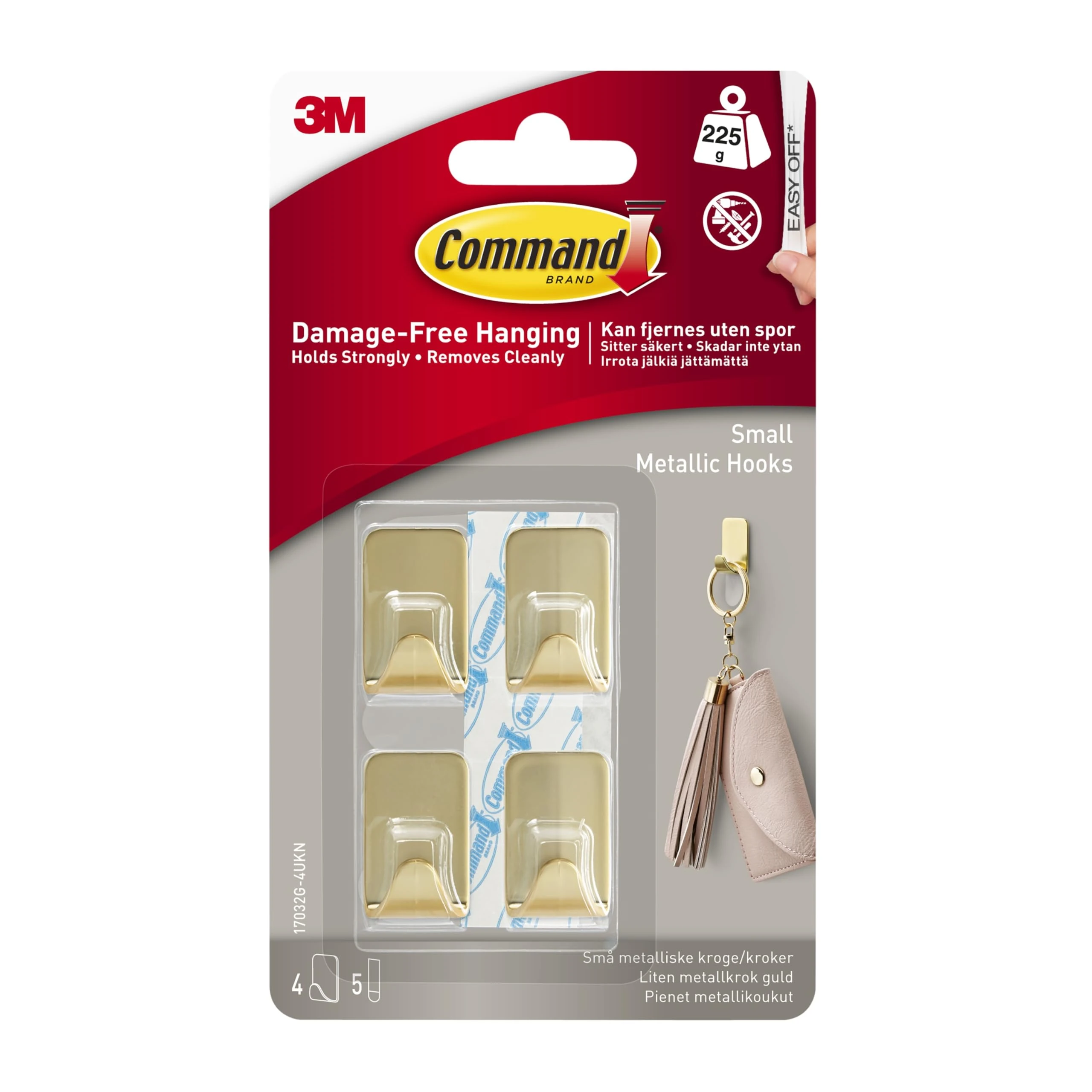Command Small Metallic Hook, Gold Colour - 4 Hooks, 5 Adhesive Strips - Indoor use - Damage Free Hanging