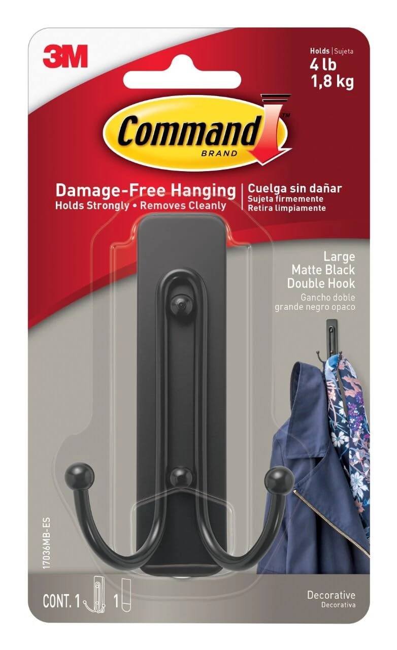 Command Large Matte Black Double Hook, Indoor use - 1 Metal Large Hook and 1 Adhesive Strip - Hang Jackets, Purses, Handbags, Hats, Scarves, Dog leads - Damage Free Hanging