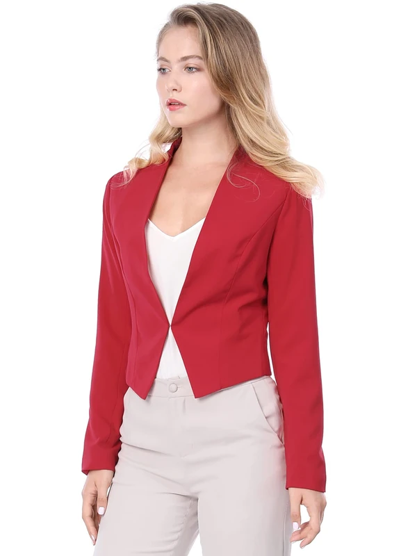 Allegra K Women's Collarless Work Office Business Casual Cropped Blazer Jacket Red M-12