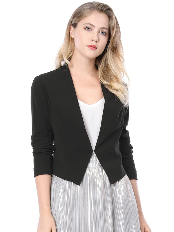 Allegra K Women's Saint Patrick's Day Cropped Blazer Official Open Front Collarless Suit Blazers, Black, 12
