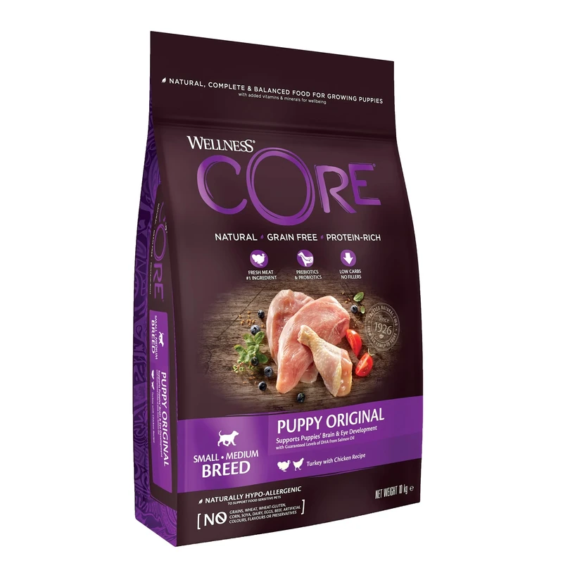 Wellness CORE Puppy 10 kg, Chicken & Turkey – Dry Dog Food for Small & Medium Breed Puppies, Grain-Free, Natural, Hypoallergenic, Protein-Rich, High Meat Content, Supports Brain & Eye Development