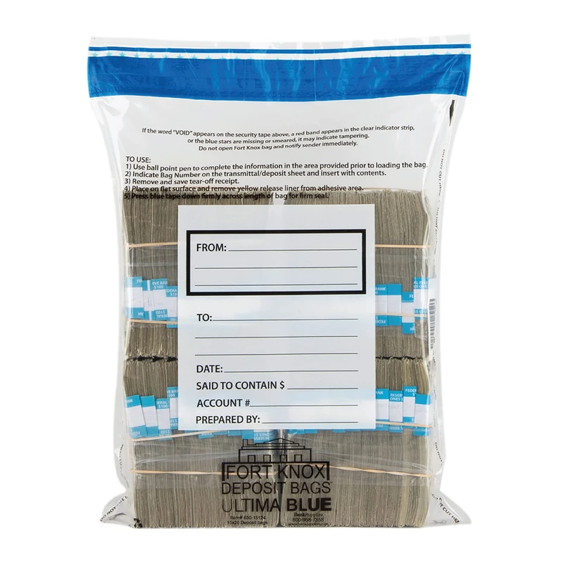BankSupplies Ultima Blue Dual Pocket Clear Deposit Bags | 15W x 20H | Pack of 100 | Transit, Transfer, Valuables | Tamper Evident Tape | Captive Flap Closure | Security Deposit Bag - Image 1