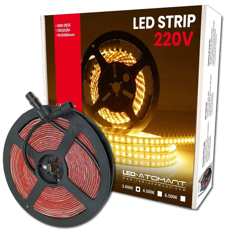 LED ATOMANT 5 m Roll of Direct LED Light Strip to 220V, Warm White (3000K), Waterproof, Cut Every 10 cm