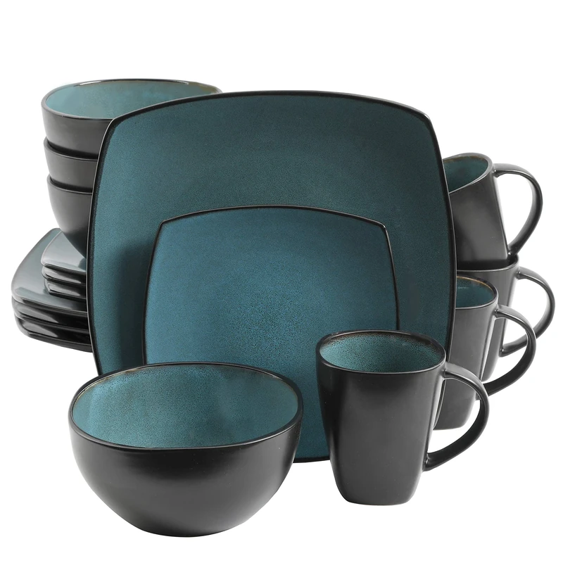 Gibson Soho Lounge Square Reactive Glaze Stoneware Dinnerware Set, Service for 4 (16pc), Teal/Black Tutone
