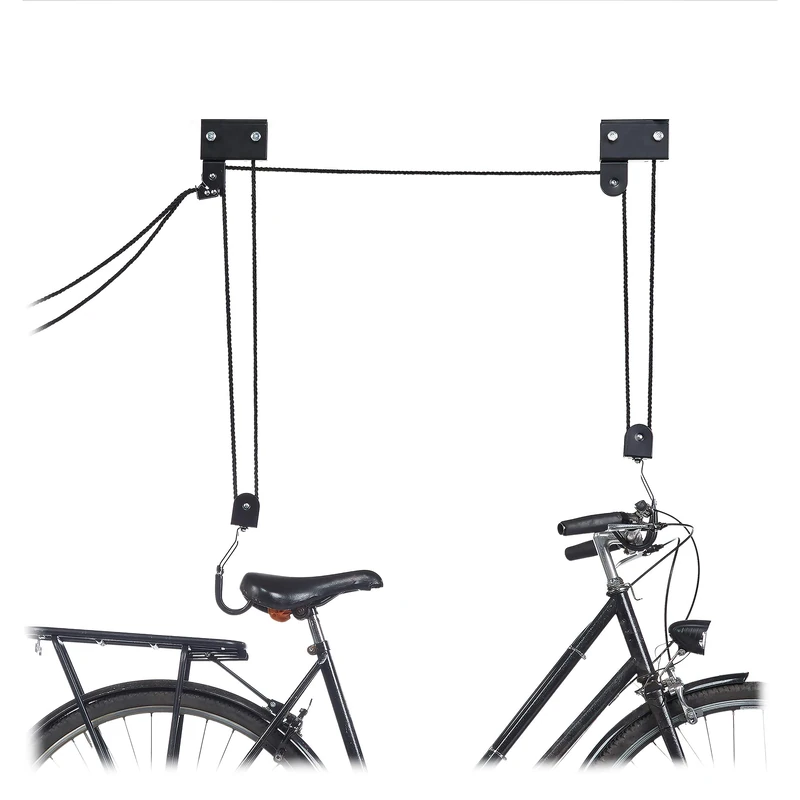 Relaxdays Bicycle Ceiling Mount, 57 kg Capacity, Hooks, Universal, Rope Brake, Pulley Hoist, Kayak, Bike Lift, Black - Image 1