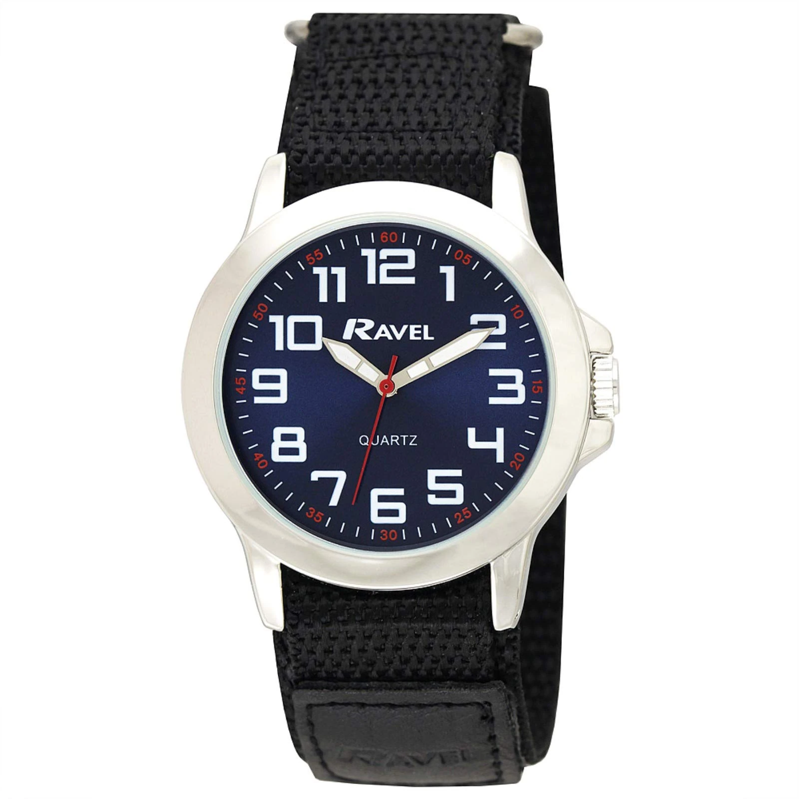 Ravel - Men's Modern Workwear Watch with Easy-Fasten Strap - Silver Tone/Blue Dial/Black Strap
