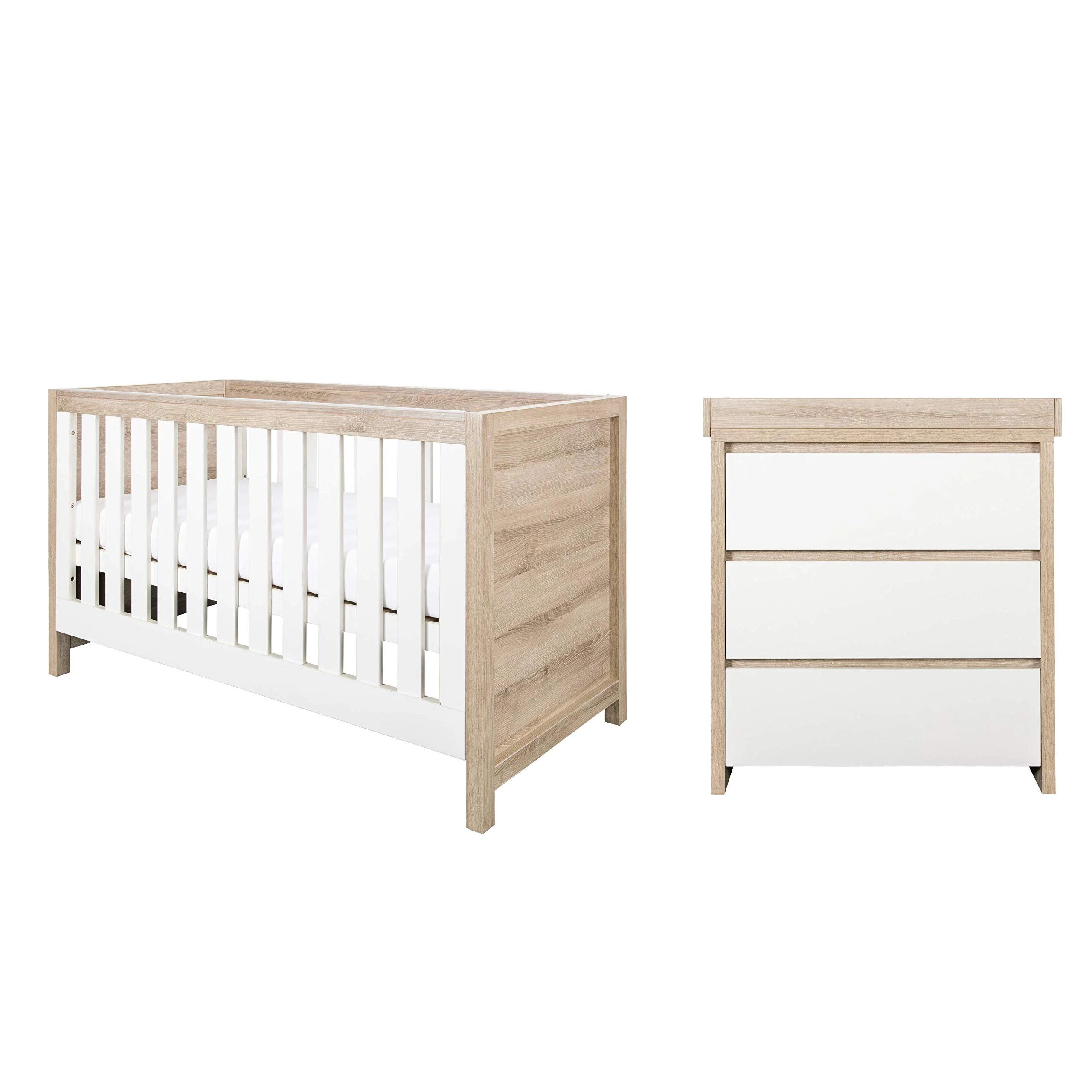 Tutti Bambini Modena Nursery Furniture Set (2 Piece) | Convertible Baby Cot Bed and Chest of Drawers Changer | Solid Wood Furniture (Oak & White)