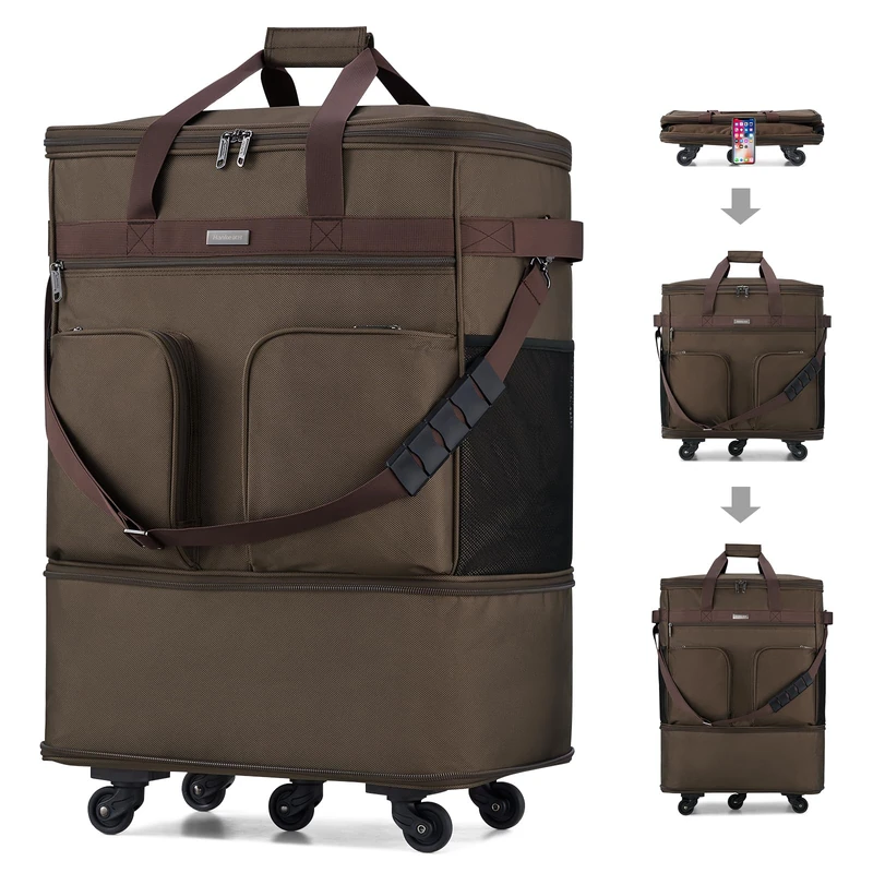 Hanke Expandable Large Suitcase 4 Wheels Lightweight Collapsible,Foldable Suitcases &Travel Bags Hand Luggage Extend 20/24/28 inch Suitcases Duffel Bag Without Telescopic Handle for Men & Women，Coffee