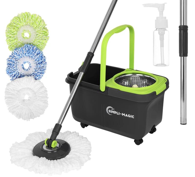 Simpli-Magic Spin, Cleaning Bucket, Stainless Steel Plastic Microfiber, Black/Green, Mop & Refills
