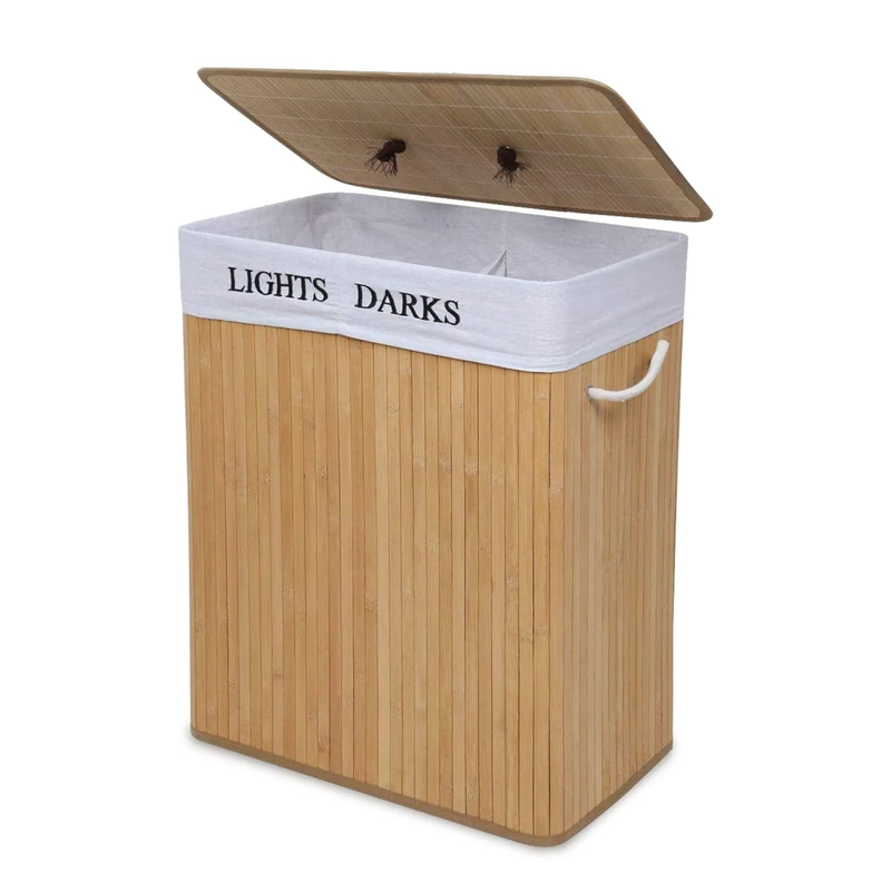 Mondeer Laundry Basket with Lid 100L, 2 Compartments Bamboo Laundry Hamper with Handles Removable Washable Lining, Foldable, for Bedroom Bathroom or Utility Room, 52 x 32 x 65 cm, Natural