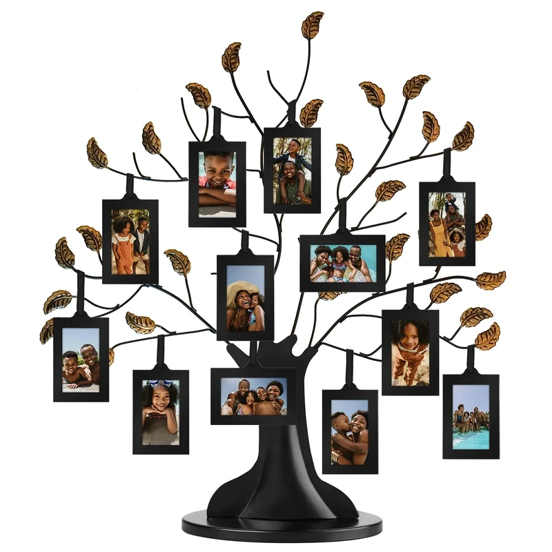 Americanflat Bronze Family Tree with 12 Hanging Picture Frames 2" x 3" in Black and Adjustable Ribbon Tassels - 22" - Image 1