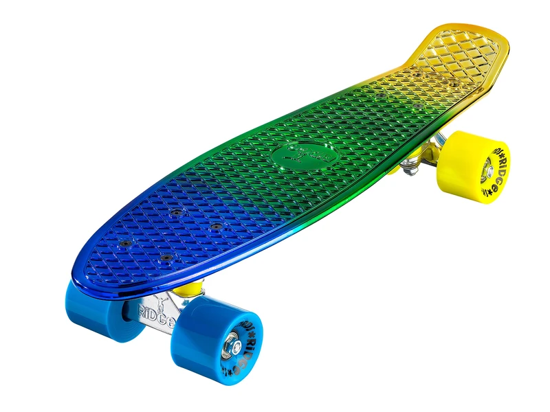 Ridge Skateboards Rainbow Neochrome 27" Mini Cruiser Complete Nickel board - UK Manufactured - Metallic Fades Yellow-Pink-Blue