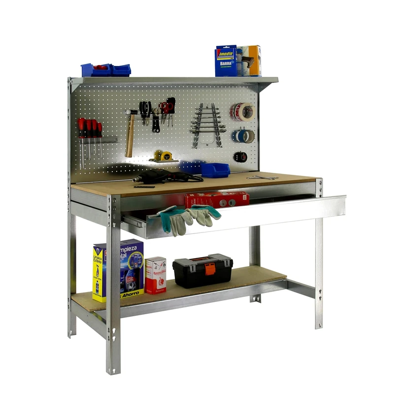 SimonRack BT3 Workbench, Load Capacity 400 kg, 1445 x 910 x 610 mm, Perforated Panel with 1 Shelf, Storage Drawer Shelf, DIY Work Table, Galvanized/Wood