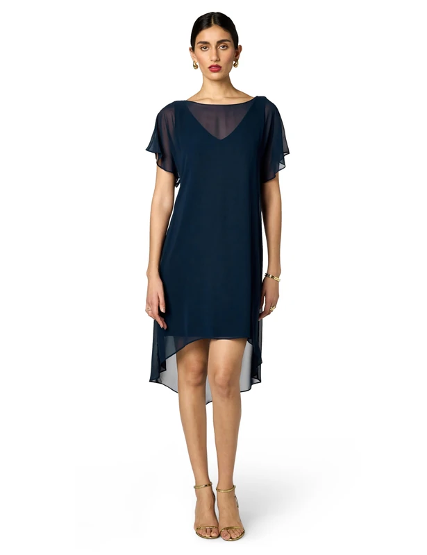 Adrianna Papell Women's Flutter Sleeve Chiffon Dress with High Low Hemline, Navy, S