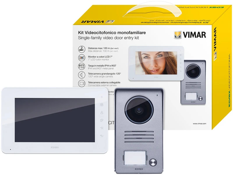 VIMAR K40910 Video Door Entry Kit for Single-Family with 7" Hands-Free Video Monitor, for Intercom System, Entry Panel with 1 Buttons, Power Supply, for Surface-Wall Installation
