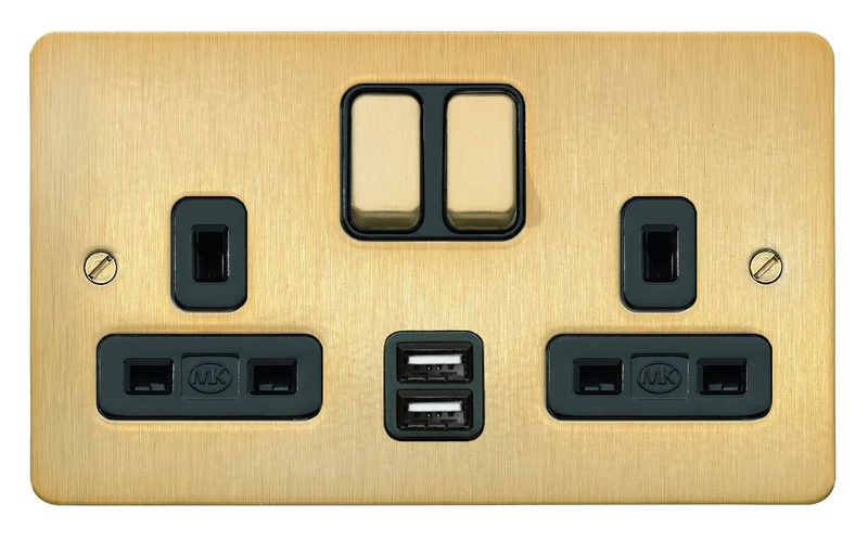 Edge 2 Gang DP Dual Earth Satin Gold Switch Socket Outlet with 2 X USB Charging Ports and Black Insert