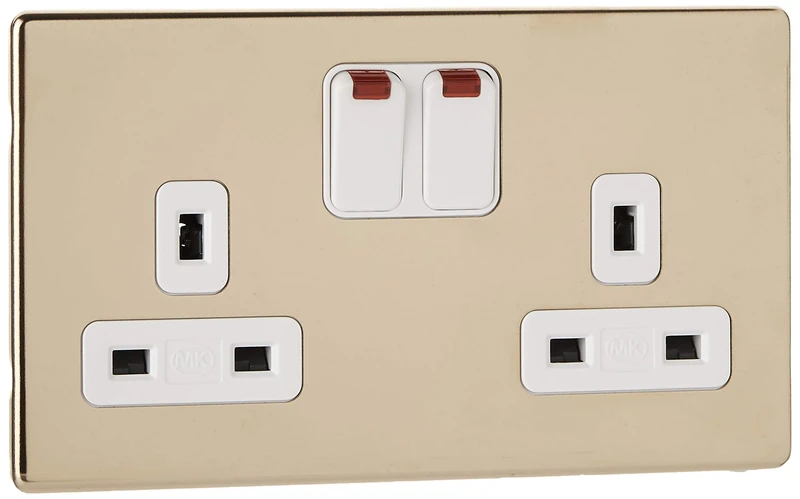 Aspect 13 AMP 2 Gang DP Dual Earth Polished Brass Switch Socket Outlet with Neon Indicator and White Insert - Image 1