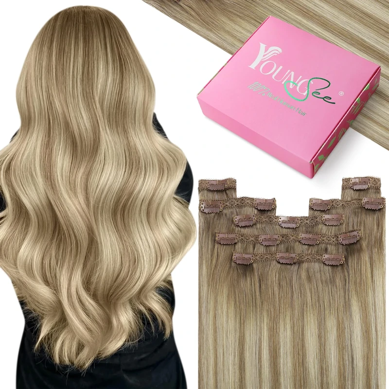 YoungSee 120g 7Pcs 14inch Brown Human Hair Extensions Clip in Balayage Light Brown to Blonde with Brown Seamless Clip in Human Hair Extensions Real Hair for Wedding Double Weft Lace Separate Pieces