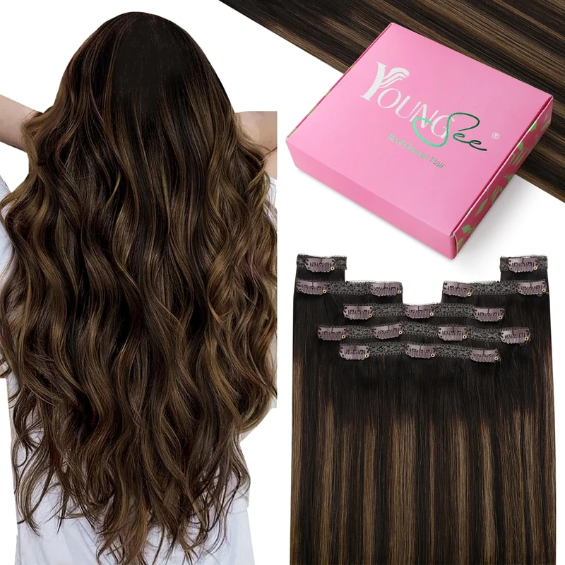 YoungSee Clip in Human Hair Extensions Brown 18inch Real Human Hair Clip in Extensions Dark Brown Mix Medium Brown Balayage Invisible Clip-in Hair Extensions for Beginner 120g 7Separate Pieces