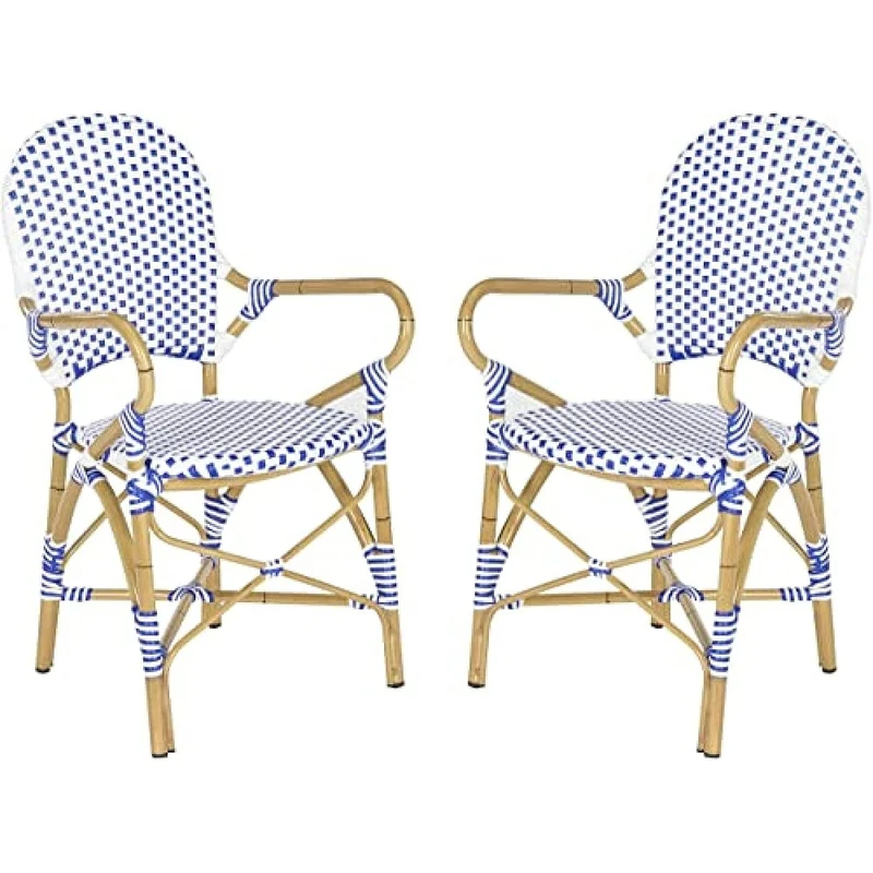 SAFAVIEH Poly-Rattan Outdoor Dining Chairs - Set of 2, in Blue and White and Light Brown