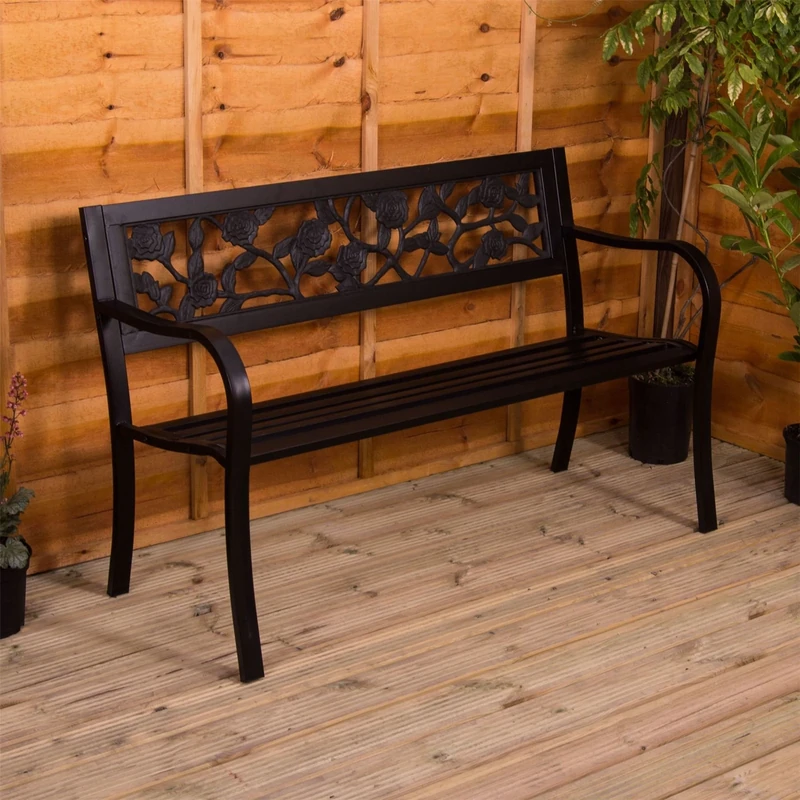 Garden Vida Steel Garden Bench, Rose Design 3 Seater Outdoor Furniture Seating Park Patio Seat , Black
