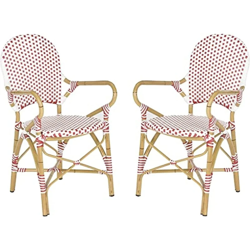 SAFAVIEH Poly-Rattan Outdoor Dining Chairs - Set of 2, in Red and White and Light Brown